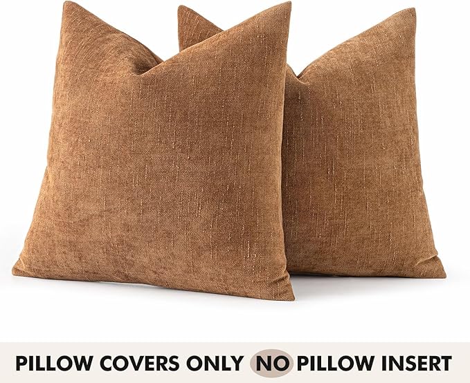 Woaboy Set of 2 Textured Throw Pillow Covers Decorative Soft Accent Square Chenille Pillowcases Neutral Euro Farmhouse Cushions Modern Home Decor for Couch Sofa Bedroom Living Room 24x24 Inch,Bronze