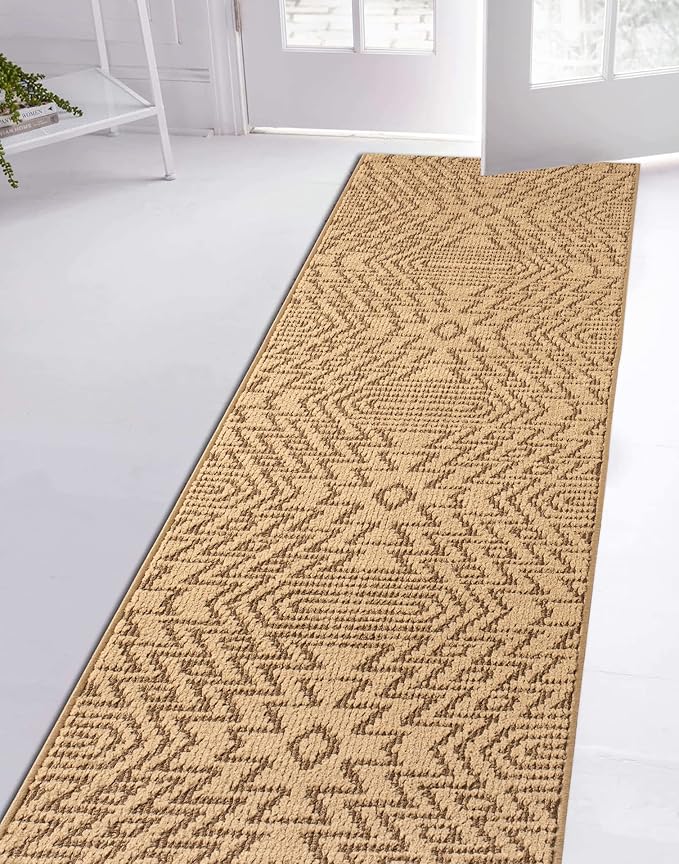 Custom Length Cut to Size Tribal Ethnic Southwestern Inspired Hallway Runner Rug, Non Slip Rubber Backed, 31 inch Wide X Customized Length, Inca Tan, 31 inch X 8 feet