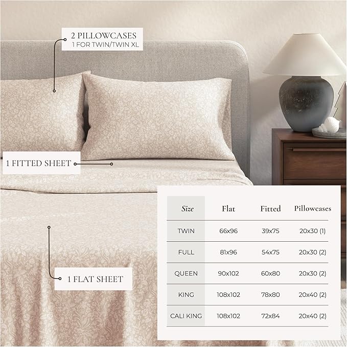 Great Bay Home Flannel Sheet Set King Size - 100% Turkish Cotton, Double-Brushed, Winter Floral Bed Sheets - Ultra-Soft, Cozy, 4-Piece Bedding Set (Frosty Petals)