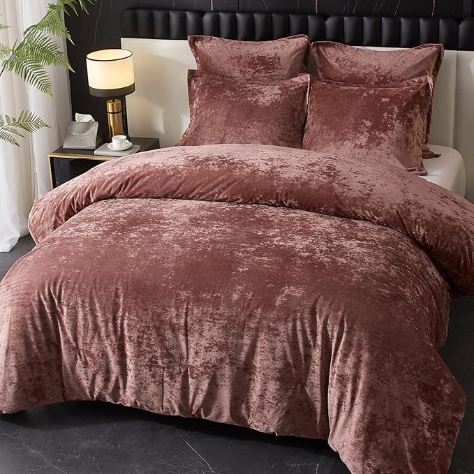 Ivellow Crushed Velvet Comforter Set Queen,Set, 5pcs Ultra SoftPink Luxury Cozy Flannel Queen Size (1 Comforter,2 Pillow Shams, 2 Euro Blush Pink