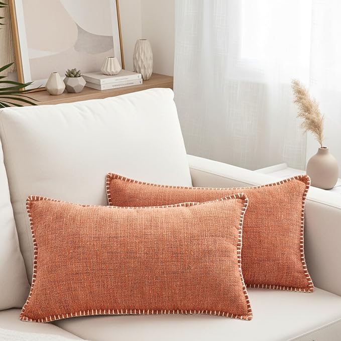 Lumbar Pillow Covers with Stitched Edge 12x20 inch Orange Set of 2 Soft Textured Chenille Oblong Rectangular Cushion Covers Modern Decorative Pillowcases for Chair Sofa Couch Pillows