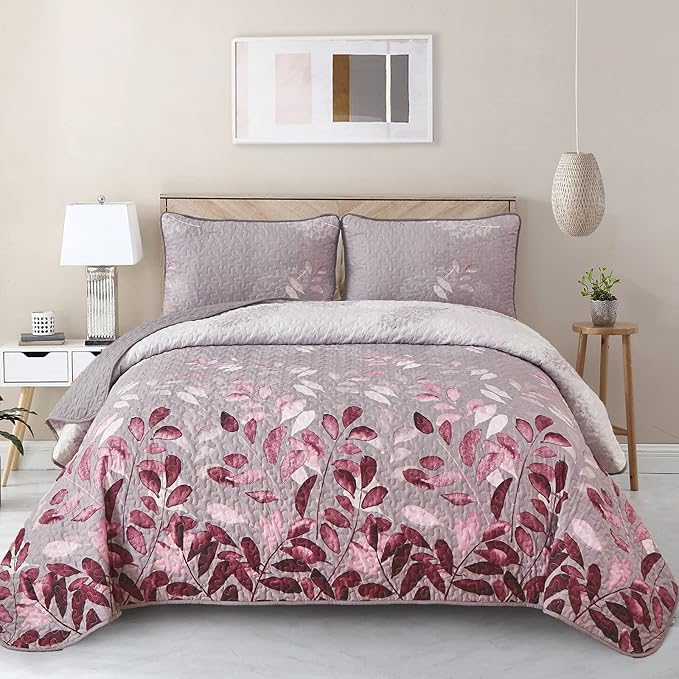 WONGS BEDDING Quilt Set King Size, 3 Pieces Pink Botancal Leaves Bedspread Coverlet Set with 2 Pillowcases for All Season, Soft Microfiber Floral Bedding Set 104"×90"