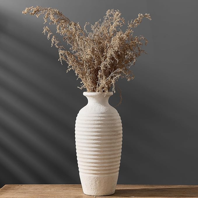Ceramic Natural Rustic Vase, 14.4 Inch Large Vintage Flower Threaded Decorative Farmhouse Tall Vase for Home Decor, Living Room, Shelf Decor, Wedding, Housewarming Gift, Off-White