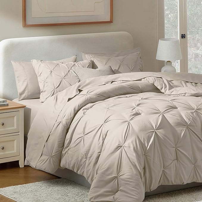 Nestl King Size Comforter Set 7 Pieces - Pinch Pleated Comforter Set in Beige, Bed in a Bag, All Season Bedding Set with Flat Sheet, Fitted Sheet, Pillowcases and Shams