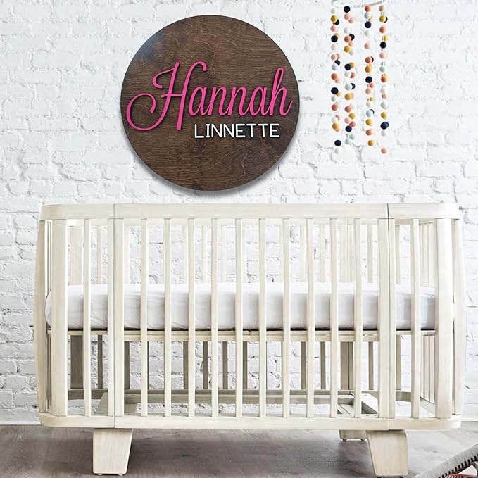 Custom Round Nusery Name Sign, Personalized 3D Baby Name Announcement Sign, Personalized Wooden Wall Plaque, 3D Wall Art for Children & Kids Rooms, Family Name Signs, 30 Colors (Design 3)