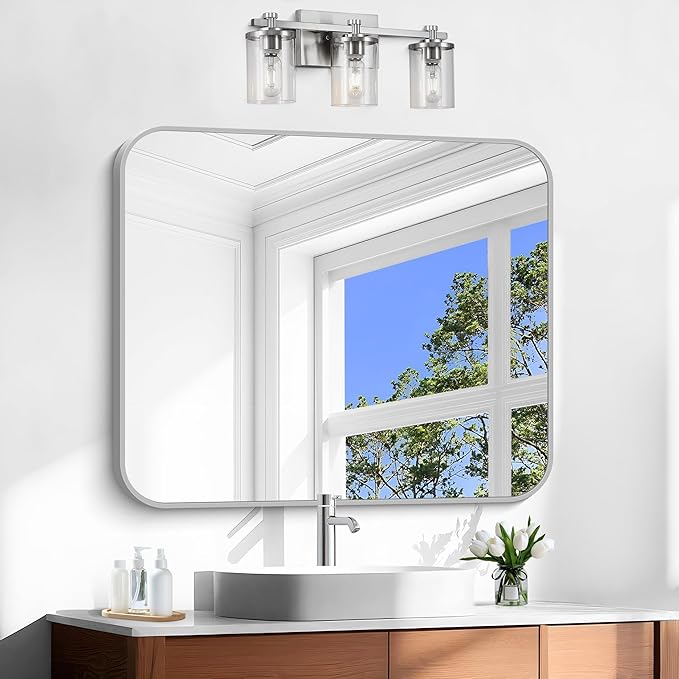 Silver Bathroom Mirror, 30 x 36 Inch Metal Framed Silver Rectangle Mirror, Rounded Corner Rectangular Vanity Mirror, Wall Mounted Mirror for Living Room Bedroom Entryway Horizontal/Vertical