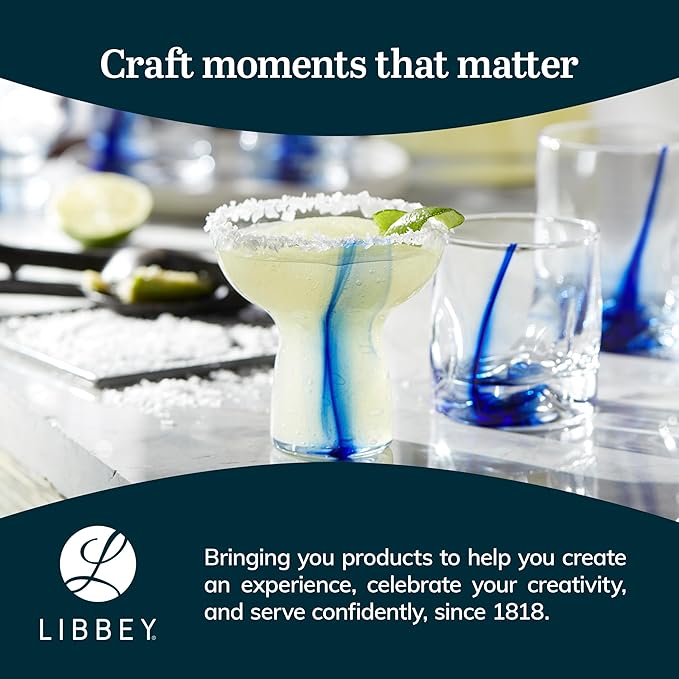 Libbey Blue Ribbon Stemless Margarita Glasses, Shallow Bowl Lightweight Margarita Glasses Set of 6, Margarita Set for Parties