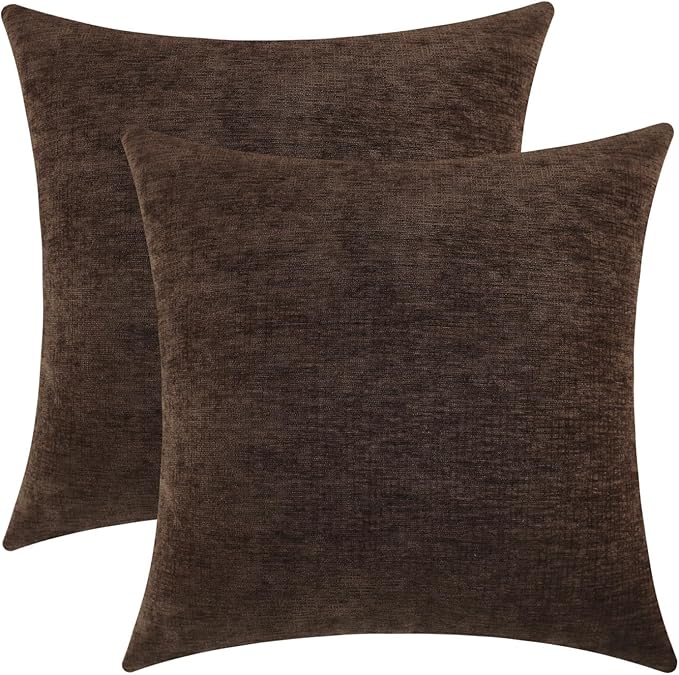Coffee Brown Chenille Decorative Couch Throw Pillow Covers, Soft Cushion Cases for Home Livingroom Sofa Décor, Pack of 2, 18 x 18 Inches