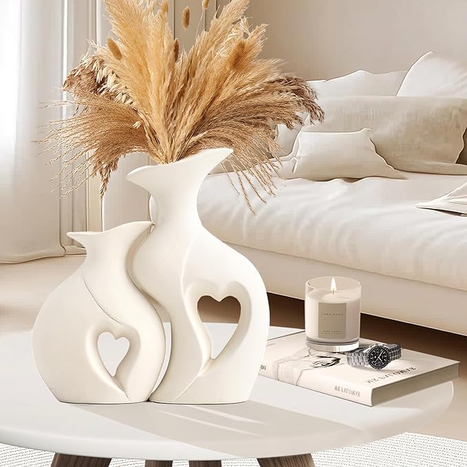 XL Pearl White Vases for Decor,Nordic Heart Shaped Ceramic Vase Set of 2,Modern Vase for Table Centerpiece Dining Living Room Office Coffee Table Wedding House Decoration
