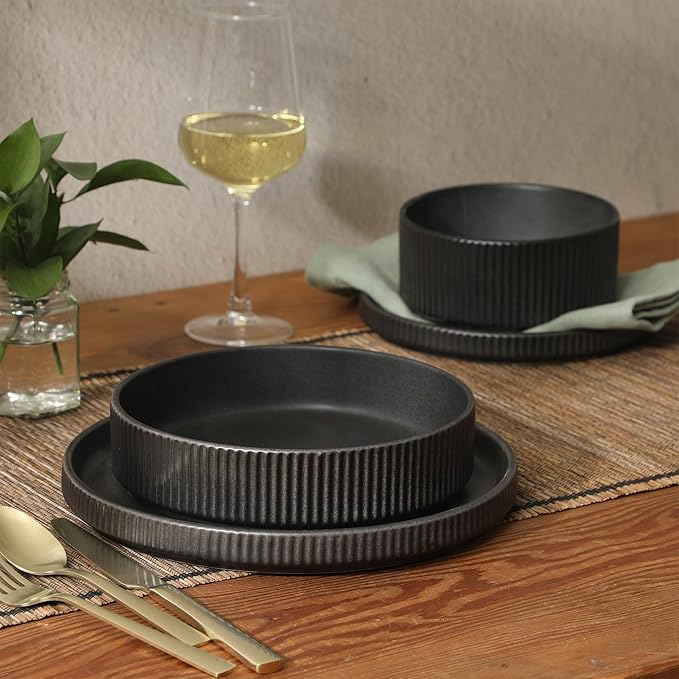 Gibson Elite Deerfield 16-Piece Stoneware Dinnerware Set – Matte Black Reactive Glaze Plates and Bowls, Stackable, Modern Design, Service for 4 – Microwave & Dishwasher Safe