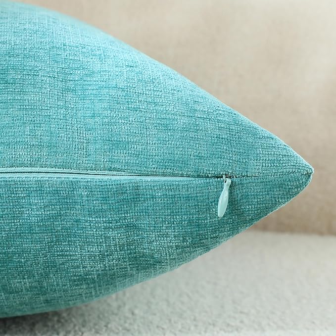Aqua Green Chenille Decorative Couch Throw Pillow Covers, Soft Cushion Cases for Home Livingroom Sofa Décor, Pack of 2, 14 x 14 Inches