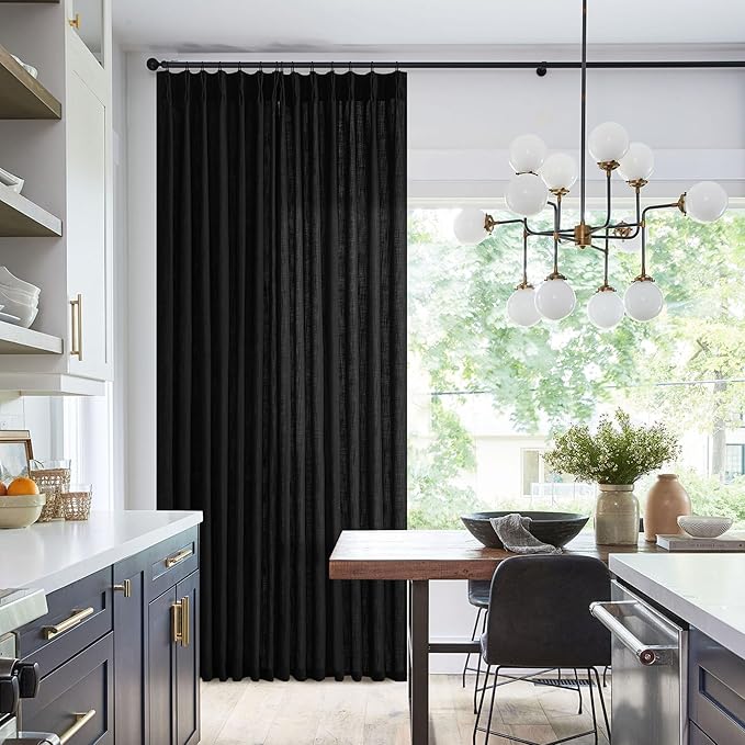 Pinch Pleated Linen 102 Inch Curtains 70 Inch Width for Living Room Divider Light Filtering Semi Sheer Black Extra Wide Patio Curtains for Sliding Door Floor Ceiling Picture Window 70x102 1 Panel