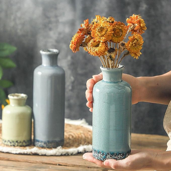 Flower Vase Set of 3, Ceramic Neutral Vases Home Decor, Pottery Rustic Farmhouse Decorative Vases Modern Decor for Table Mantel Entryway Bookshelf Living Room Kitchen Bedroom - Multicolor