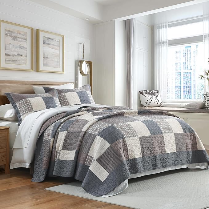 Quilts King Size - Plaid Design Modern Quilt Set with Matching Shams, 3 Pieces 100% Cotton King Quilt Bedding Set, Reversible Bedspread Coverlet for All Season, Gray/Brown/Beige