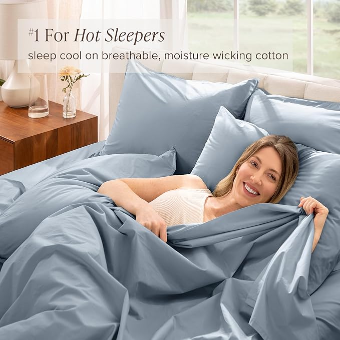 Bare Home 100% Organic Cotton Queen Sheet Set - Crisp Percale Weave - Lightweight & Breathable - Bedding Sheets & Pillowcases (Queen, Dusty Blue)
