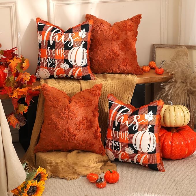 TOYPOPOR Fall Decorations 2 Packs Double Sided Throw Pillow Covers Rust Red Soft Faux Fur Maple Leaf Pillow Case Autumn Harvest Thanksgiving Indoor Outdoor Home Decor for Living Room Porch Couch 16x16