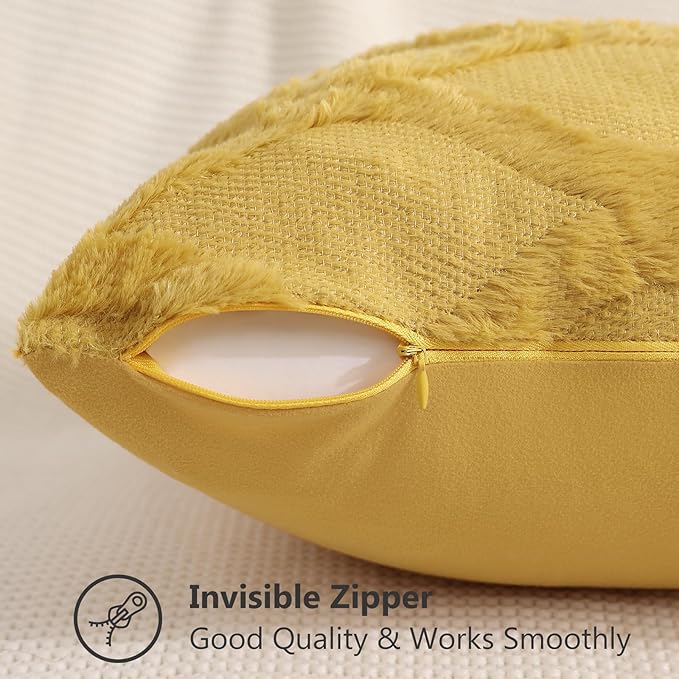decorUhome Throw Pillow Covers 22x22 Inch Set of 2, Soft Plush Faux Fur Wool Mustard Yellow Couch Pillow Covers, Decorative Neutral Pillow Cases for Bed Sofa Living Room Home Decor