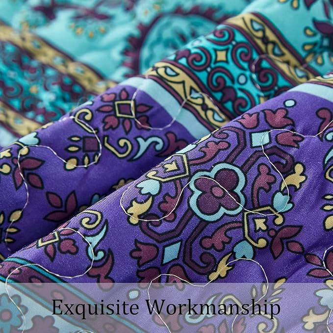 WONGS BEDDING Boho Queen Quilt Set, Blue Purple Bohemian Queen Quilt Bedding Set, Lightweight Microfiber Bed Decor Bedspread for All Season 96"x90"(3 Pieces)