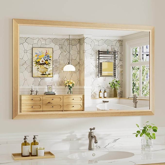 48x30 Inch Bathroom Mirror for Wall, Anti-Rust Oak Wood Grain Metal Framed Bathroom Mirrors for Over Sink,Rectangler Mirrors for Bathroom Vanity, Farmhouse, Bedroom, Living Room, Entryway Decor