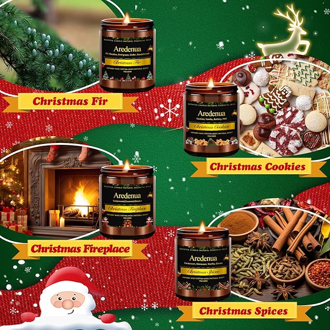 Christmas Candles Set | 4 Pack Winter Holiday Scented Candles, Soy Candles for Home Scented - Xmas Candle Gifts for Women and Men - Scents of Christmas Fir/Spices/Cookies/Fireplace