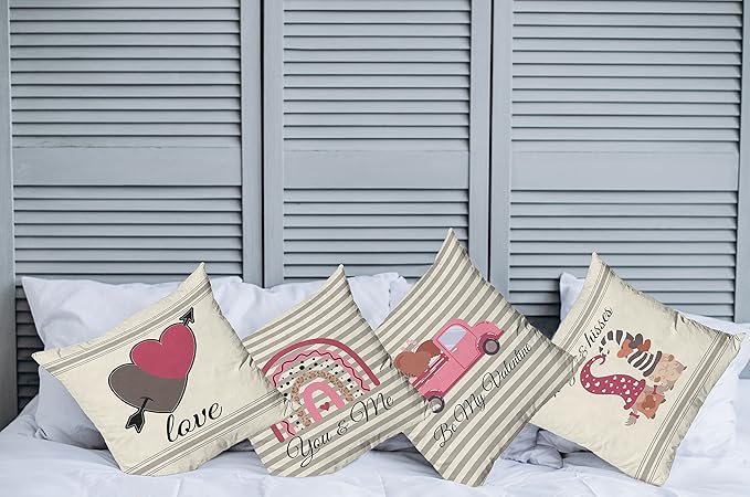 Ambesonne Romantic Throw Pillow Cushion Case Pack of 4, Love Hearts Arrow You and Me Be My Valentine Hugs Kisses Lettering Print, Modern Accent Double-Sided Digital Printing, 24", Ivory Taupe and Pink