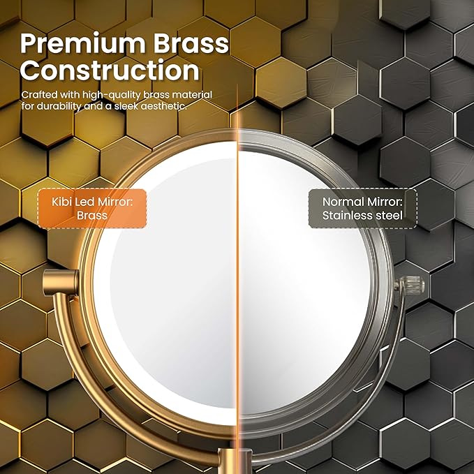 KIBI Circular Wall Mount Makeup Mirror with LED Lights, Dual-Sided 1x/5x Magnifying Mirror with Adjustable Arm, 360° Swivel, Solid Brass Construction for Durability and Style (Brushed Nickel, KMM101)