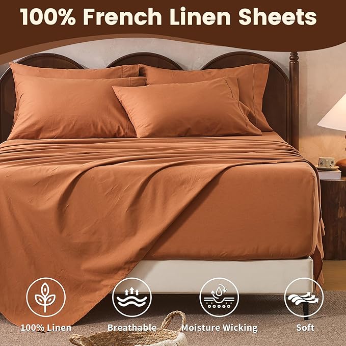 100% Linen Sheet Set King Size Extra Deep Pocket Fits 18-24 Inch Mattress, Breathable & Soft, Smooth 4-Piece Set for Thick Mattresses Hotel Luxury Bedding（King, Brown）