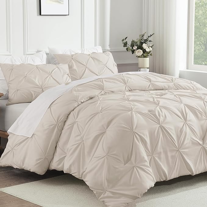 Andency Beige Comforter Set Twin(66x90Inch), 2 Pieces Comforter for Girls Kids, Soft Microfiber Pinch Pleat Comforter Set, All Season Lightweight Bedding Set