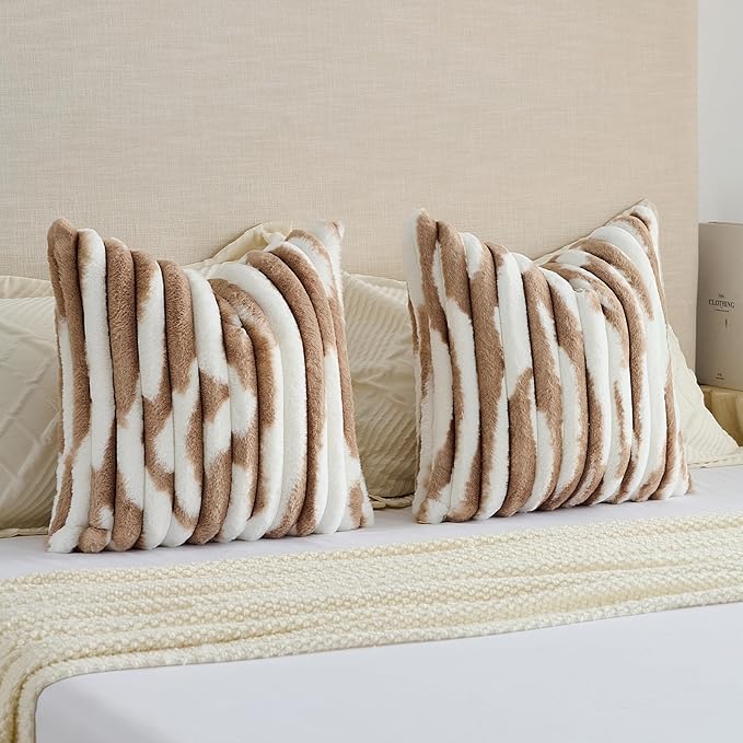 FUTEI Brown Decorative Throw Pillow Covers 12x20 Inch Set of 2, Soft Tie-Dye Faux Rabbit Fur Striped Texture Pillow Case, Modern Home Decor for Couch Bed Living Room