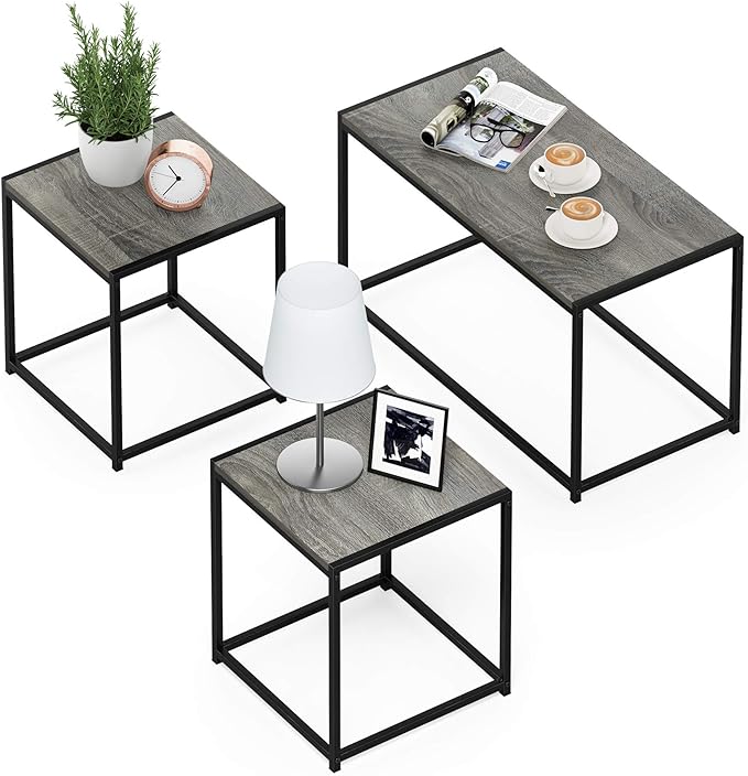 Furinno Camus Modern Living Room Coffee Table with 2 End Tables Set, French Oak Grey