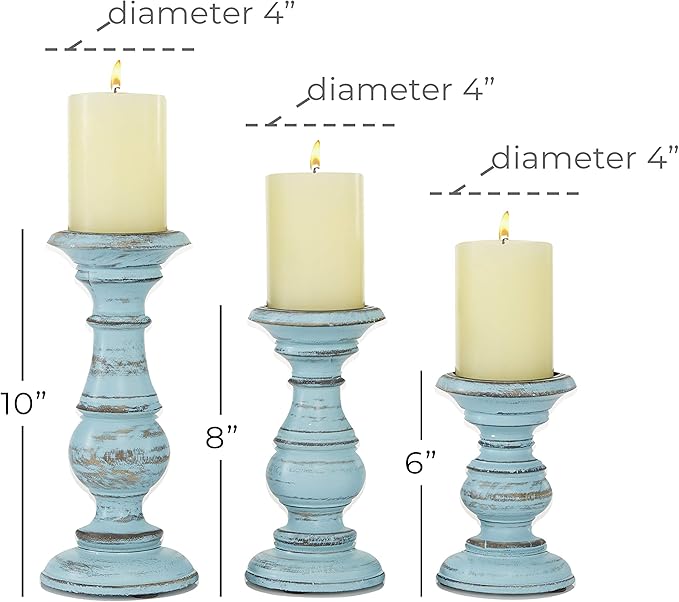 Deco 79 Mango Wood Decorative Candle Holder Distressed Turned Pillar Candle Stand, Set of 3 Candlestick Holder 6", 8", 10"H, Light Blue