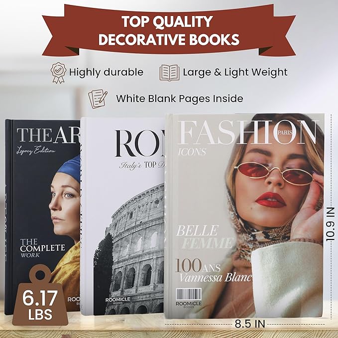 Elegant Decorative Books - Set of 3 Designer Faux/Fake Books for Decoration - Enhance Your Coffee Table, Mantle & Bookshelf Decor - Book Decor Aesthetic Collection - Real Blank Pages Inside
