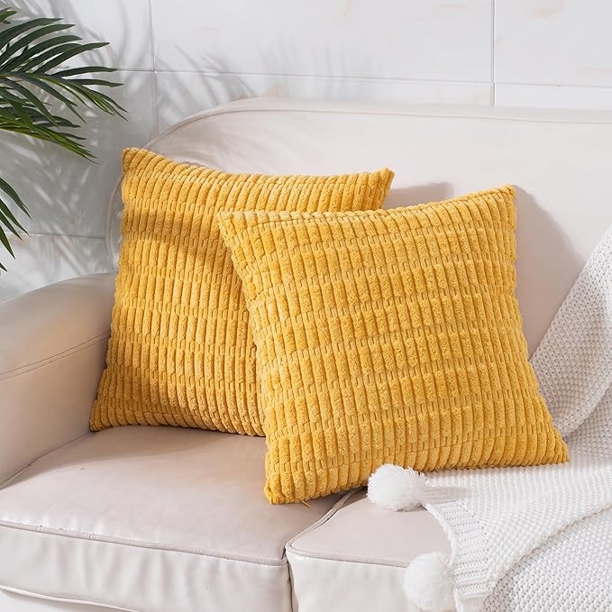 Mustard Yellow Corduroy Decorative Throw Pillow Covers 20x20 Inch Set of 2 Soft Striped Boho Couch Pillow Covers Spring Modern Farmhouse Home Decor for Sofa Neutral Living Room Bed