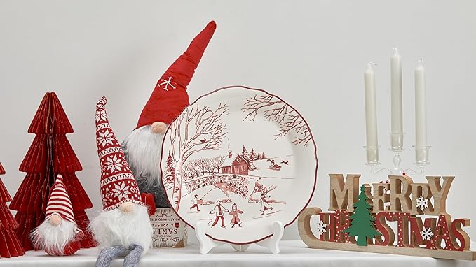 Bico Toile De Jouy Winter Wonderland Scalloped Dinner Plates, Ceramic, 11 inch, Set of 4, for Pasta, Salad, Maincourse, Microwave & Dishwasher Safe