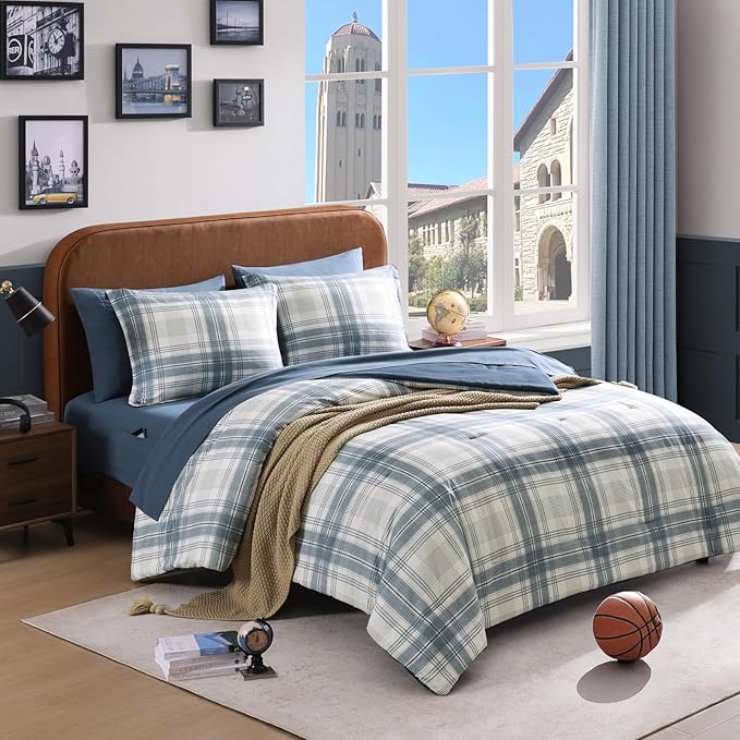 Full Size Comforter Sets, Blue Grey Plaid Bedding Set 7 Piece for Boys Girls Teen, Classic Homestead-Style Kids Comforter Set Bed in A Bag with Sheets, Pillowcases & Shams
