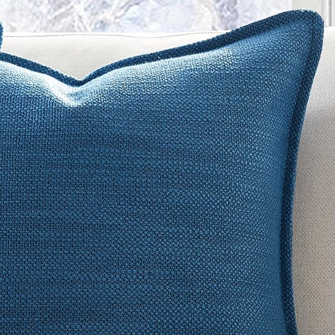 Meekio Set of 2 Deep Blue Pillow Covers 18x18, Linen Look Throw Pillow Covers with Flange Edge for Sofa Couch Living Décor