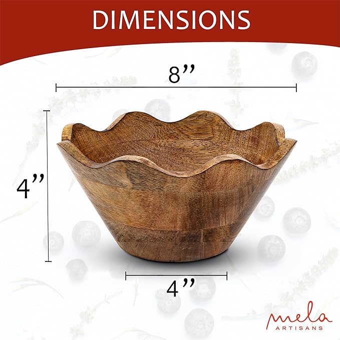 Mela Artisans Small Scalloped Decorative Wooden Bowl | 8 Inch Mango Wood Fruit & Serving Bowl | Natural Grain Finish | Perfect for Snacks | Desserts | Bread | Kitchen Counter | Handcrafted Decor
