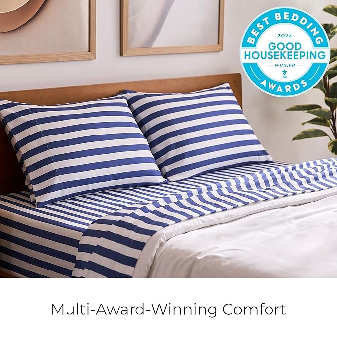 Mellanni Queen Sheets Set - 4 PC Iconic Collection Bedding - Hotel Luxury, Extra Soft, Cooling Bed Sheets - Wrinkle, Fade, Stain Resistant (Queen, Oxford Stripe Blue Nova)
