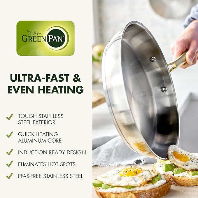 GreenPan 11 Piece Stainless Steel Cookware Set, Induction Ready, Measurement Markings, Dishwasher & Oven Safe 600F, Pots & Pans, Sauce, Saute, Frying Pans, Gold