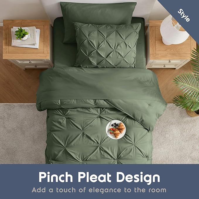 Nestl Twin XL Comforter Set 5 Piece - Pintuck Twin XL Bedding Set Olive Green, College Dorm Essentials Bed in a Bag, Twin XL Comforter Set for College Girls and Boys with Sheets, Pillowcase and Sham