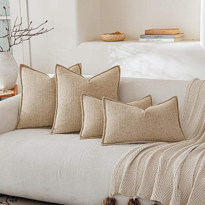 a moment Linen Pillow Covers Set of 2,Boho Farmhouse Throw Pillowcases Neutral Textured Decorative Covers for Couch Sofa, Soft Linen Blend Accent Case Cushion Living Room Home Decor 26"x26"Khaki