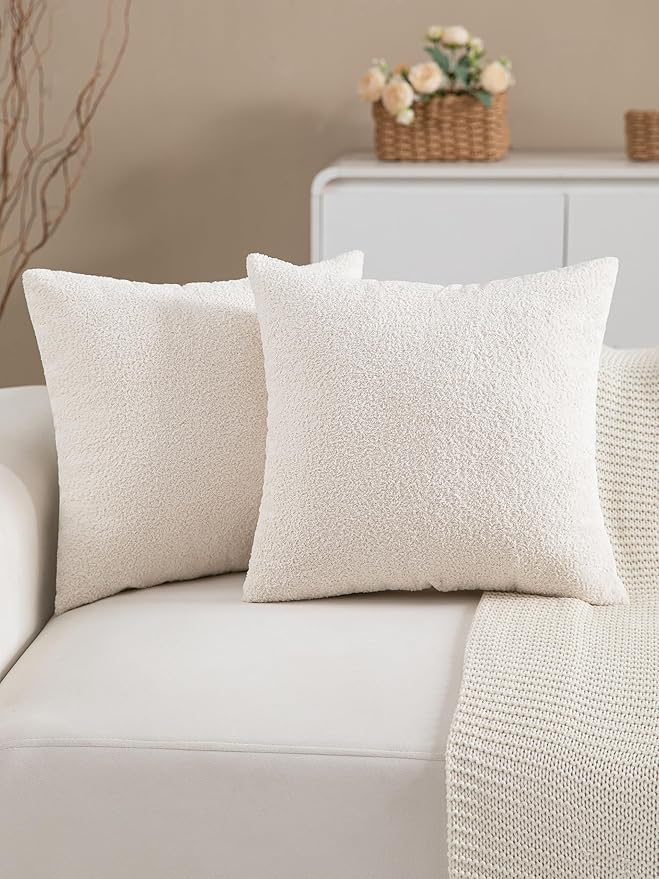 2 Packs Decorative Neutral Beige Textured Chenille Throw Pillow Covers 20x20 Inch Solid Farmhouse Boucle Couch Pillows, Modern Soft Velvet Pillowcase Cushion Covers for Living Room Home Decor