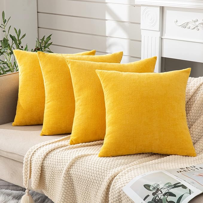 GAWAMAY Decorative Square Throw Pillow Covers 18"x18" Inch Set of 4, Super Soft Chenille Pillows Cover Fall Pillowcase for Living Room Bedroom Sofa Couch Cushion Cover Mustard Yellow 45x45cm