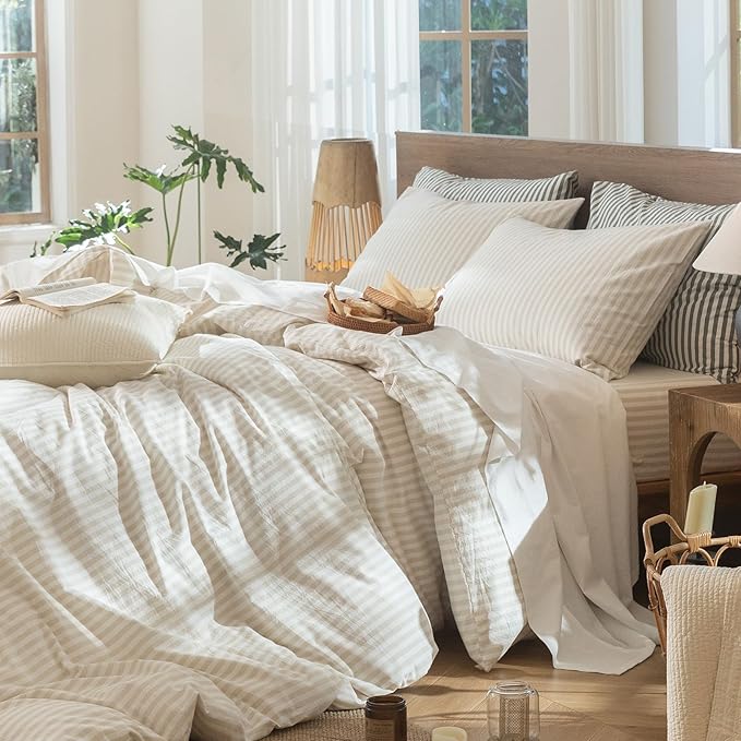 MooMee Striped Duvet Cover Set 100% Washed Cotton Linen Like Textured Breathable Durable Soft Comfy (Almond Milk Grey Classic Stripes, Super King 108"x98")