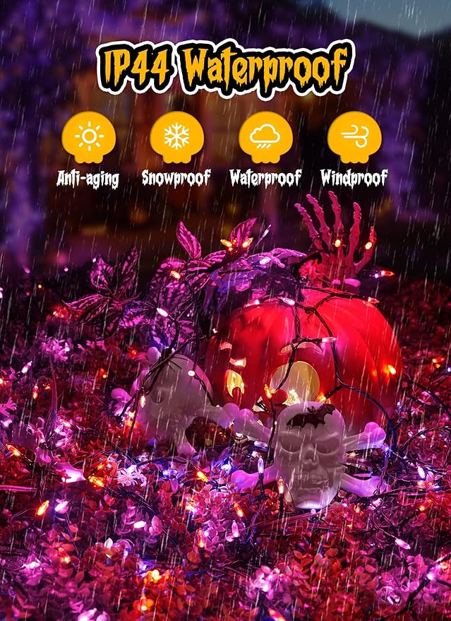 Halloween Orange Purple Outdoor Lights，17.8 Feet 50 LED Christmas Lights with 8 Modes，Waterproof Mini String Lights Battery Operated for Outdoor Indoor Use, Xmas Halloween Tree Holiday Party Patio