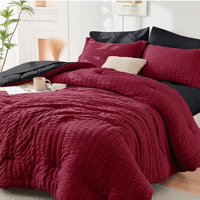 HYMOKEGE Red & Black California King Comforter Set Seersucker 7 Pieces, All Season Luxury Bed in a Bag for Bedroom, Bedding Set with Comforters, Sheets, Pillowcases & Shams