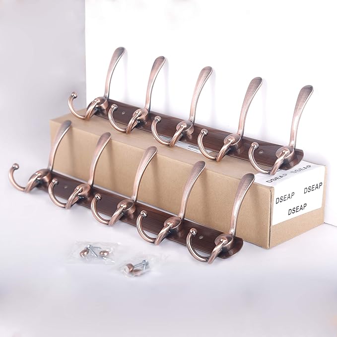 Dseap Wall Mounted Coat Rack - 5 Tri Hooks, Heavy Duty, Stainless Steel, Metal Coat Hook Rail for Coat Hat Towel Purse Robes Mudroom Bathroom Entryway (Antique Copper, 2 Packs)
