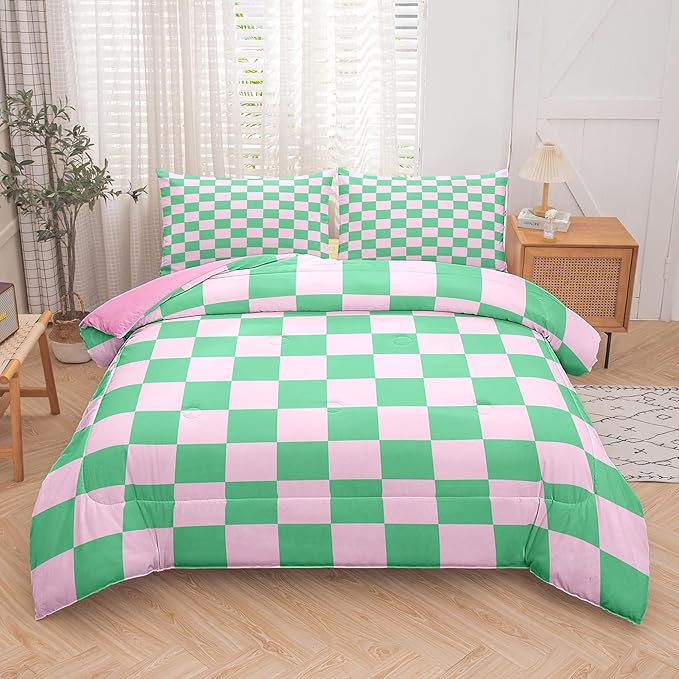 Tailor Shop Green Pink Plaid Comforter Sets Twin Women Men Green Checkerboard Grid Bedding Boys Girls Modern Grass Checkered Geometric Quilts Aesthetic Room Decor with 1 Pillowcases……