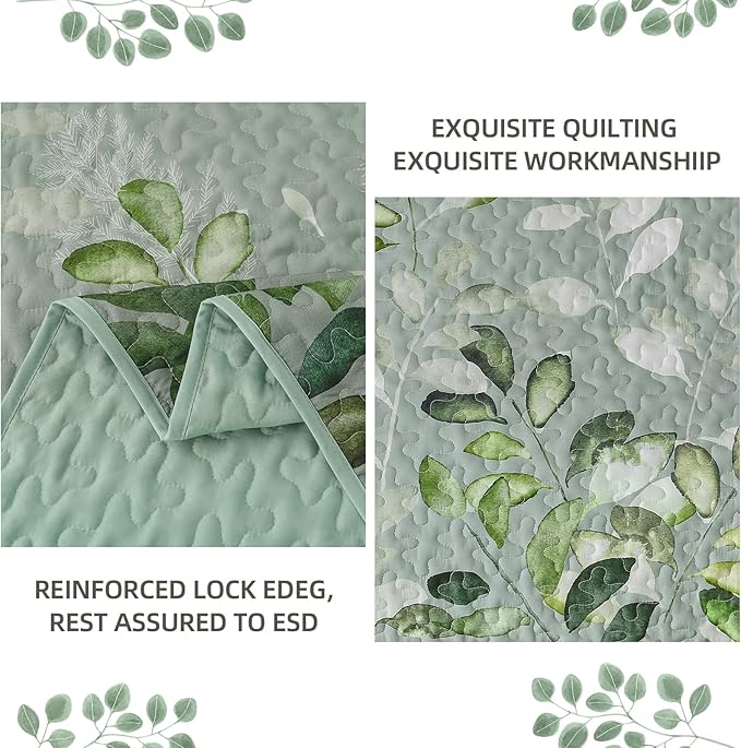 WONGS BEDDING Green Quilt Set Queen Size,3 Pieces Green Floral Bedspread Coverlet Set, Soft Microfiber Lightweight Floral Bedding Set Queen 96"×90"