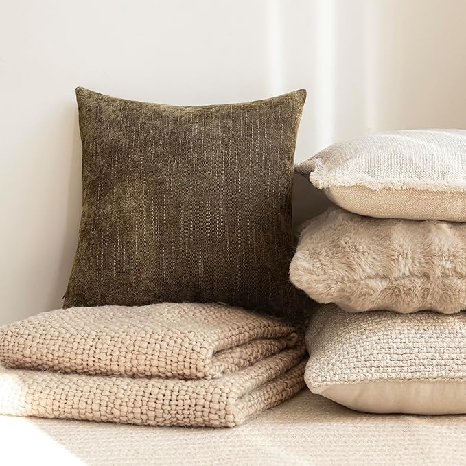 Foindtower Pack of 2 Soft Textured Chenille Throw Decorative Pillow Covers Square Accent Solid Cushion Cover Neutral Farmhouse Pillow Case for Couch Sofa Bedroom Living Room 20x20 Inch,Taupe Brown
